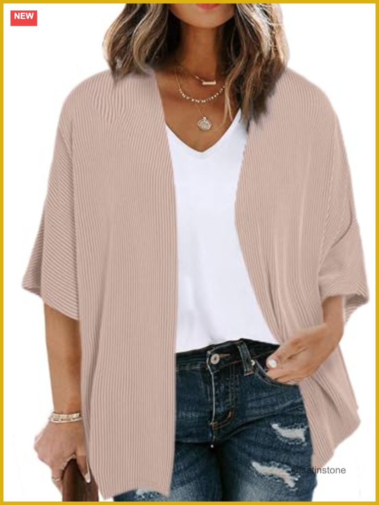 Plus Size Lightweight Ribbed Knit Kimono Cardigan Half Sleeve Open Front